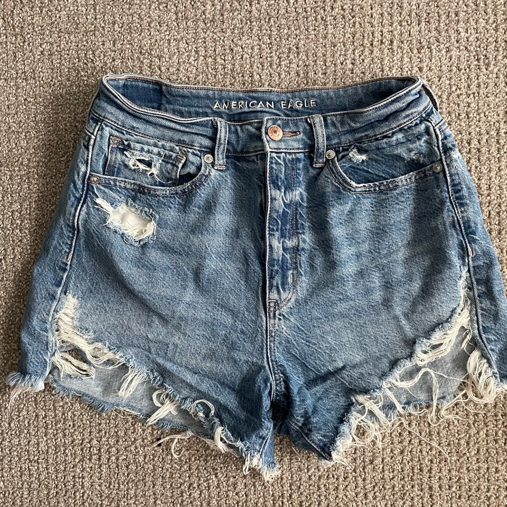 American Eagle Blue Denim Distressed Mom Shorts